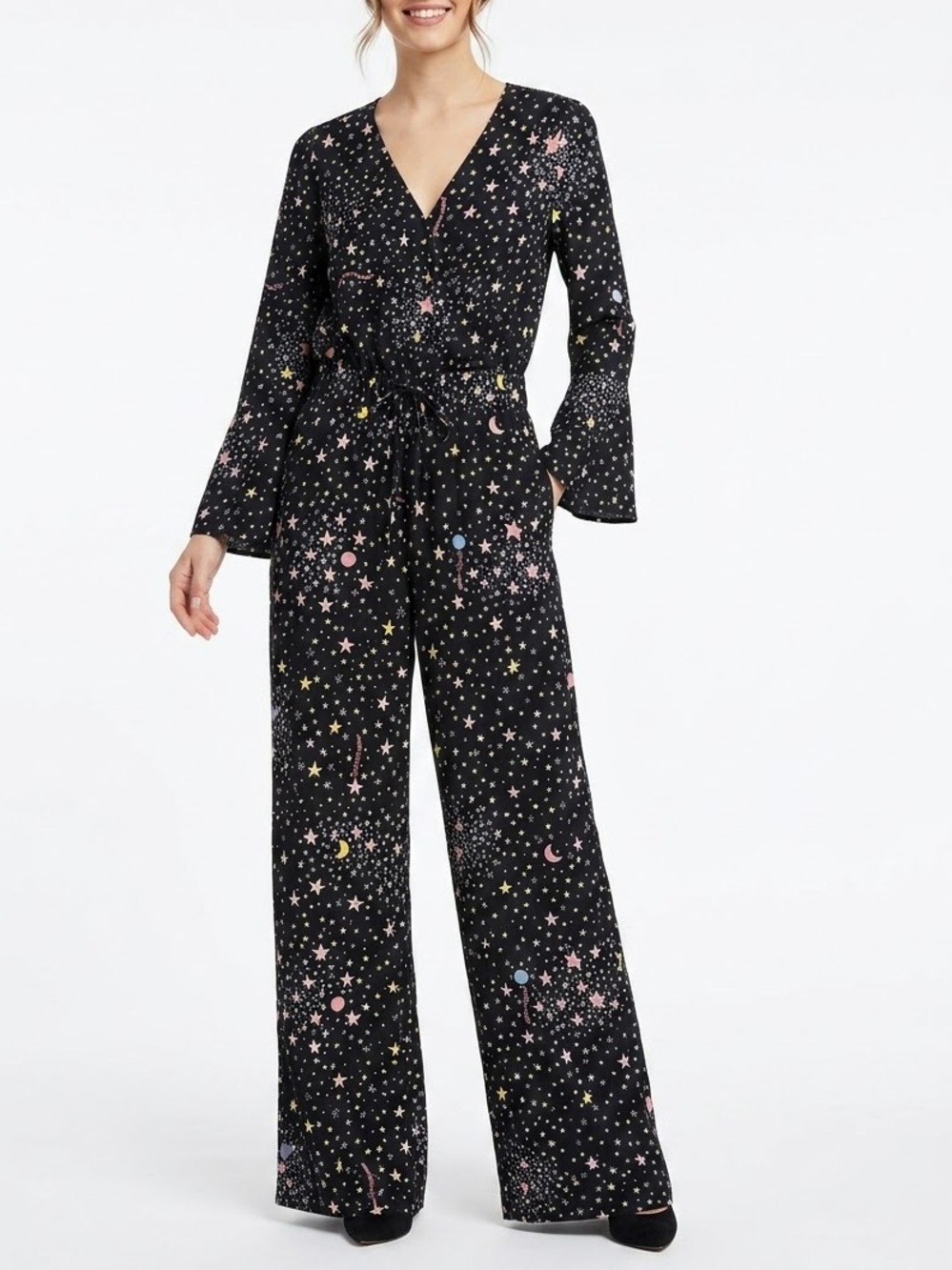 NWT Boutique Moschino Black Silk Celestial Star Long Sleeve Jumpsuit US 4